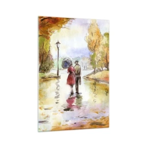 Impression sur verre - Image sur verre - Une promenade dans le parc d'automne avec un parapluie - 70x100cm - Automne romantique dans le parc - Décoration murale moderne pour le salon et la chambre ARTTOR