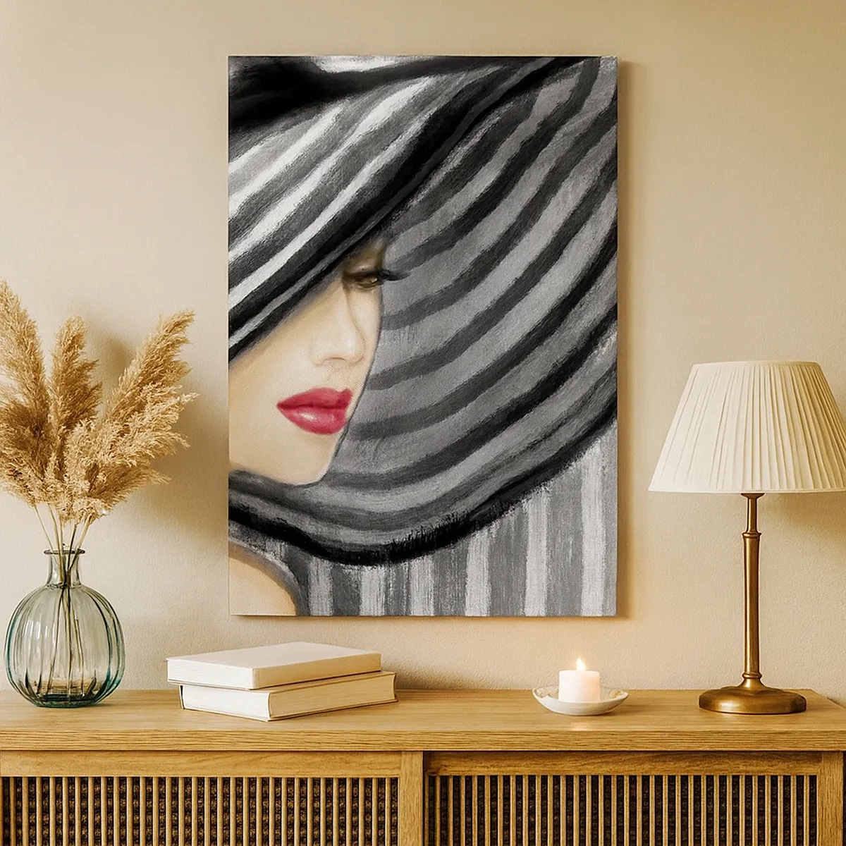Impression sur toile - Image sur toile - Femme portant un chapeau noir et blanc avec une touche rouge - 50x70cm - Où te chercher ? - Décoration murale moderne pour le salon et la chambre ARTTOR