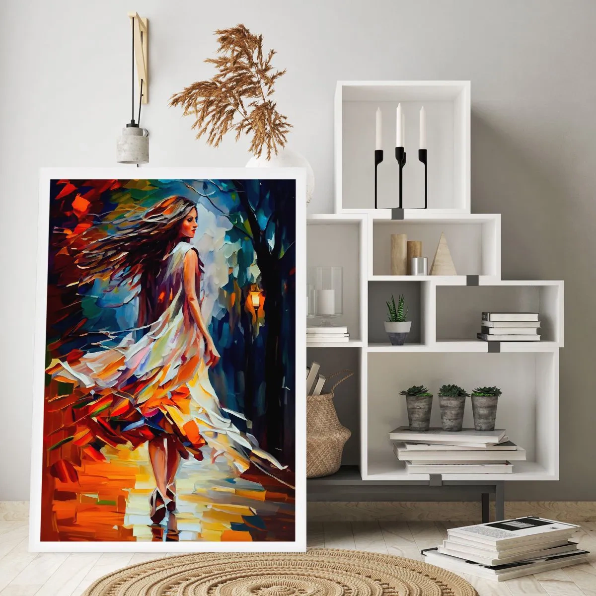 Affiche - Poster - Une femme dansant parmi les feuilles d'automne colorées - 50x70cm - La fille d'automne - Décoration murale moderne pour le salon et la chambre ARTTOR