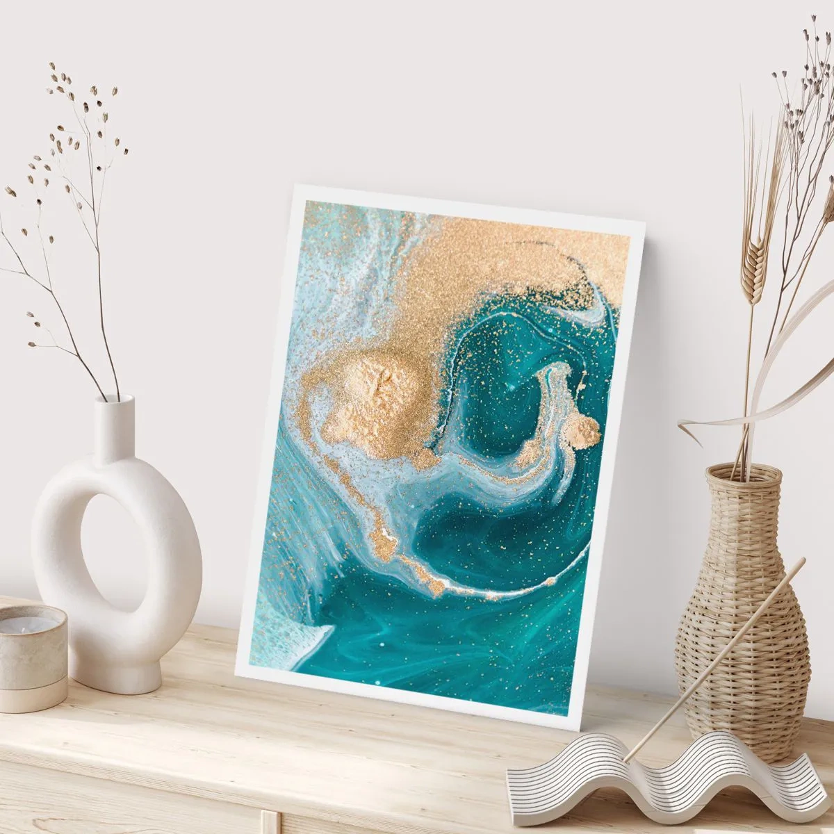 Affiche - Poster - Motif abstrait or et turquoise aux formes fluides - 50x70cm - Tourbillon d'or et de turquoise - Décoration murale moderne pour le salon et la chambre ARTTOR