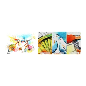 Échantillon de Papier Peint Premium Sand - À deux en vélo - Abstraction, Vélo, Des oiseaux - 100x30 cm