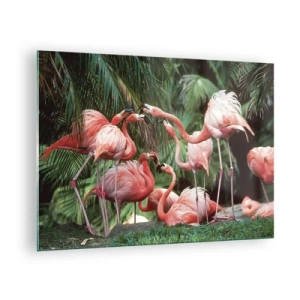 Impression sur verre - Image sur verre - Flamants roses parmi la végétation tropicale aux couleurs vives - 70x50cm - Potins d'après-midi - Décoration murale moderne pour le salon et la chambre ARTTOR