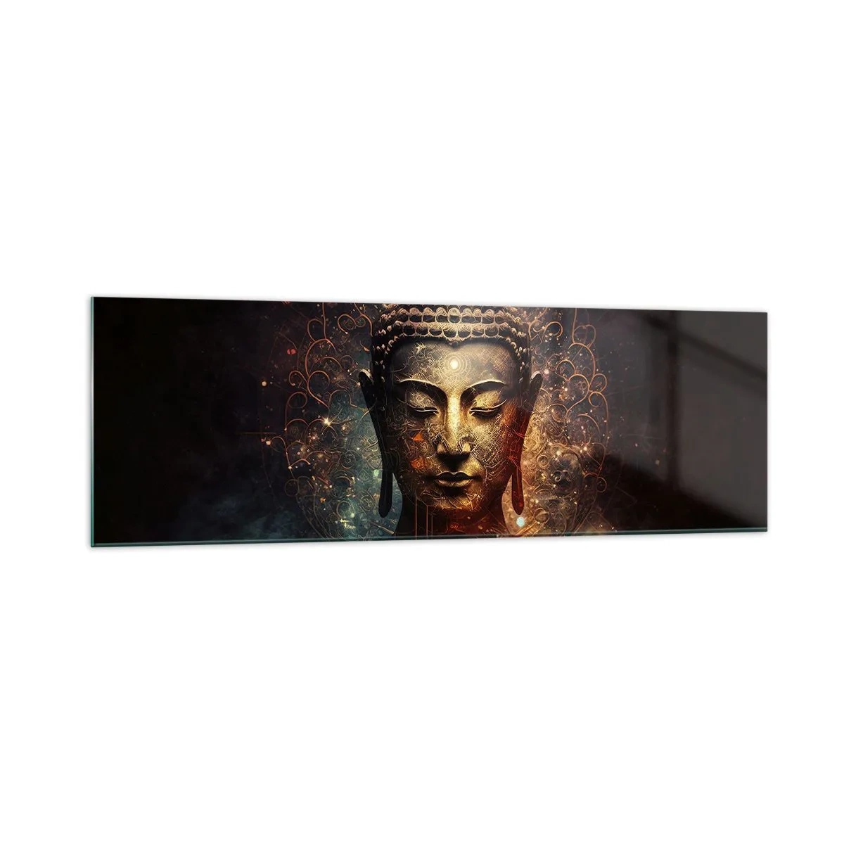 Impression sur verre - Image sur verre - Bouddha doré sur fond sombre avec ornements - 160x50cm - Équilibre spirituel - Décoration murale moderne pour le salon et la chambre ARTTOR