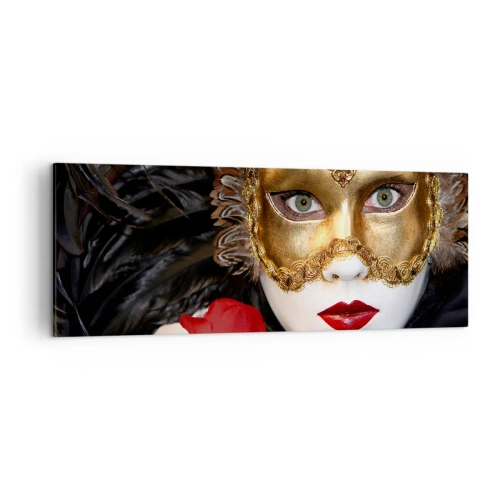 Impression sur toile - Image sur toile - Masque vénitien doré avec plumes et rose rouge, motif mystérieux. - 140x50cm - Parce que la vie est un grand bal - Décoration murale moderne pour le salon et la chambre ARTTOR