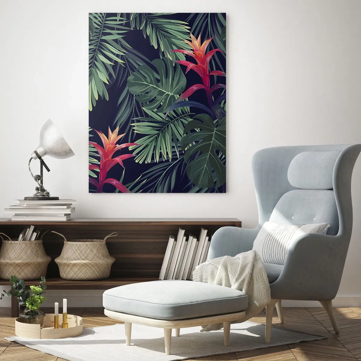 Impression sur verre - Image sur verre - Feuilles et fleurs tropicales sur fond sombre - 70x100cm - immergé dans la nature - Décoration murale moderne pour le salon et la chambre ARTTOR
