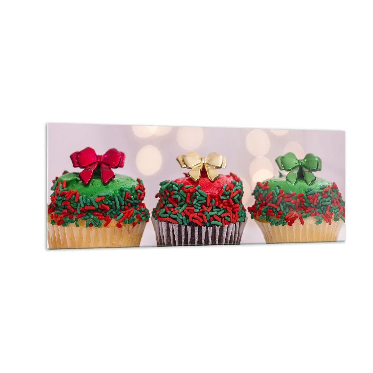 Impression sur verre - Image sur verre - Cupcakes de Noël avec des paillettes et des nœuds colorés - 140x50cm - Une sucrerie après la cocarde - Décoration murale moderne pour le salon et la chambre ARTTOR