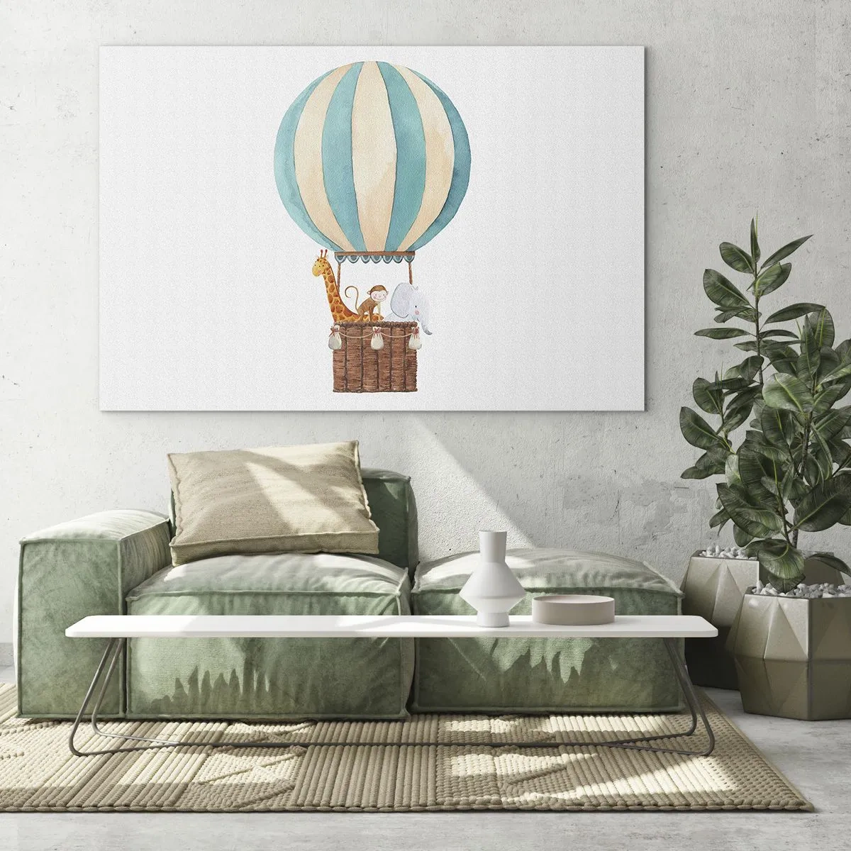 Impression sur verre - Image sur verre - Un ballon avec une girafe, un singe et un éléphant sur fond blanc - 100x70cm - Voyage fantastique - Décoration murale moderne pour le salon et la chambre ARTTOR