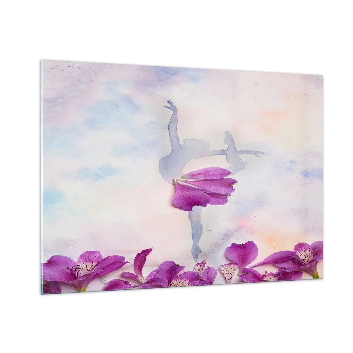 Impression sur verre - Image sur verre - Silhouette d'une ballerine avec une fleur dans une composition artistique - 100x70cm - Délicat comme une fleur - Décoration murale moderne pour le salon et la chambre ARTTOR