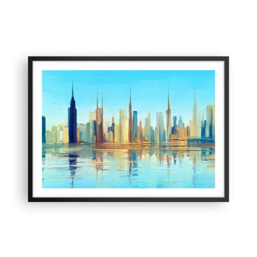 Affiche dans un cadre noir - Poster - Un panorama de la ville aux couleurs chaudes avec reflet dans l'eau - 70x50cm - Une métropole ensoleillée - Décoration murale moderne pour le salon et la chambre ARTTOR