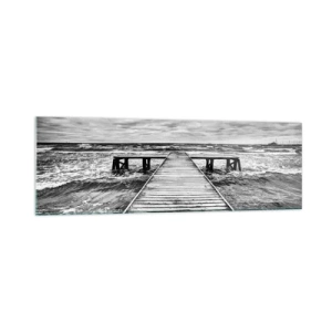 Impression sur verre - Image sur verre - Une vue en noir et blanc d'une jetée en bois sur une mer agitée. - 160x50cm - J'attends que le vent, ça le chassera... - Décoration murale moderne pour le salon et la chambre ARTTOR