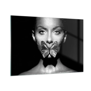 Impression sur verre - Image sur verre - Portrait d'une femme avec un papillon sur les lèvres en noir et blanc - 100x70cm - Baiser papillon - Décoration murale moderne pour le salon et la chambre ARTTOR