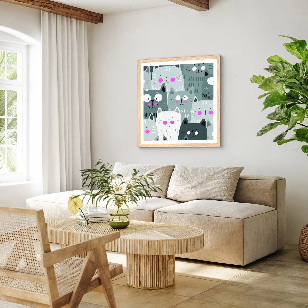 Affiche dans un chêne clair - Poster - Le monde des chats - 50x50 cm