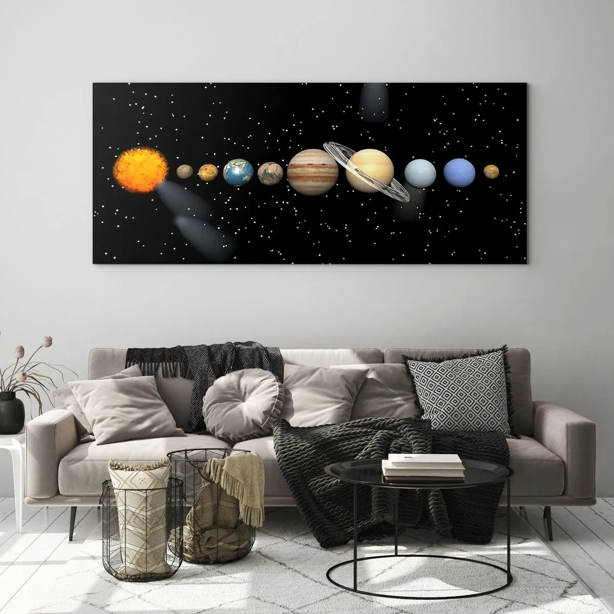 Impression sur verre - Image sur verre - Le système solaire avec des planètes sur fond d'étoiles dans l'espace - 160x50cm - Et les planètes sont folles, sont folles... - Décoration murale moderne pour le salon et la chambre ARTTOR