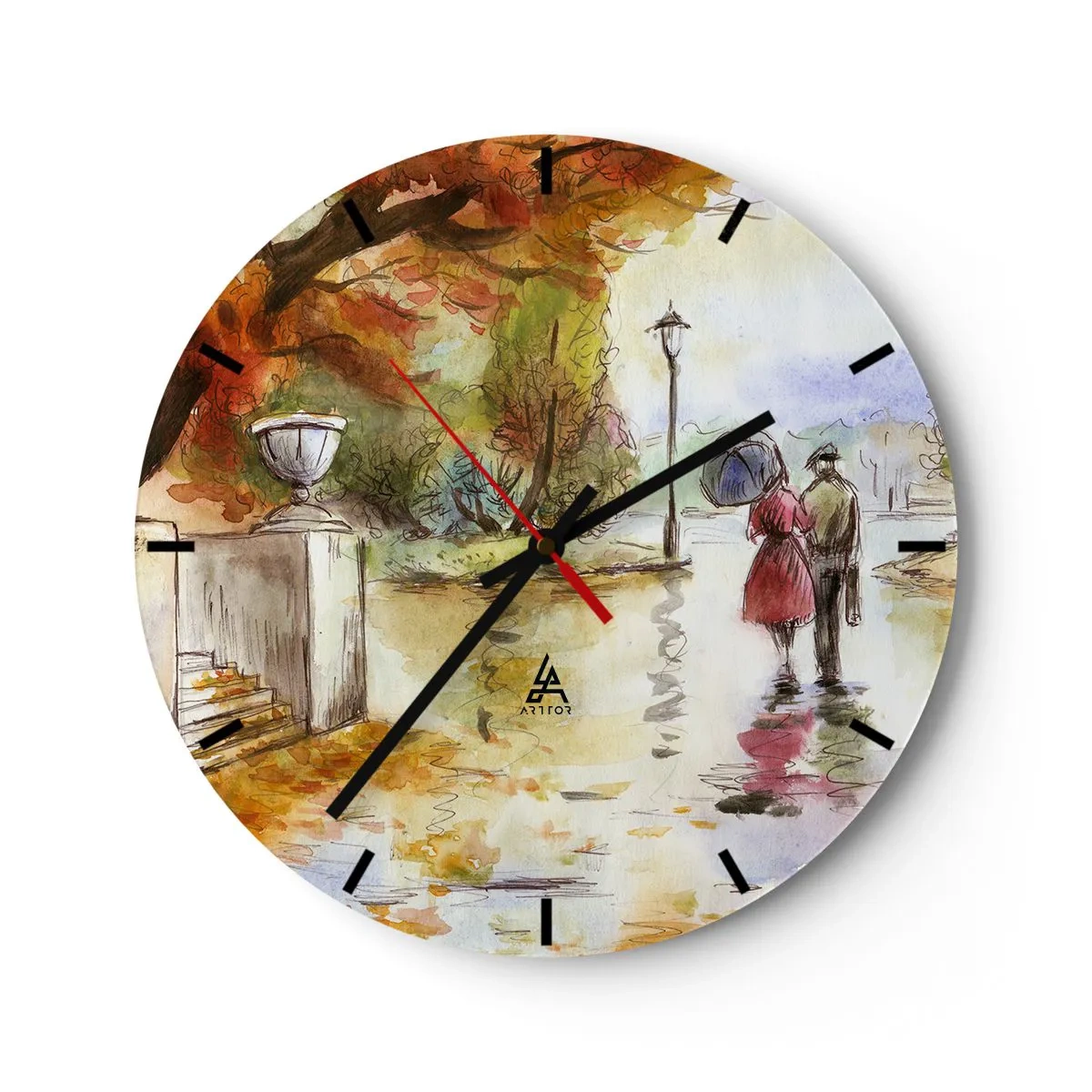 Horloge murale - Pendule murale - Une promenade d'automne dans le parc peinte à l'aquarelle - 30x30cm - Automne romantique dans le parc - Décoration murale moderne pour le salon, la cuisine et la chambre ARTTOR