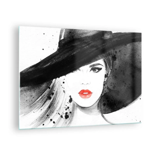 Impression sur verre - Image sur verre - Portrait d'une femme au chapeau noir et aux lèvres rouges - 70x50cm - Dame en noir - Décoration murale moderne pour le salon et la chambre ARTTOR