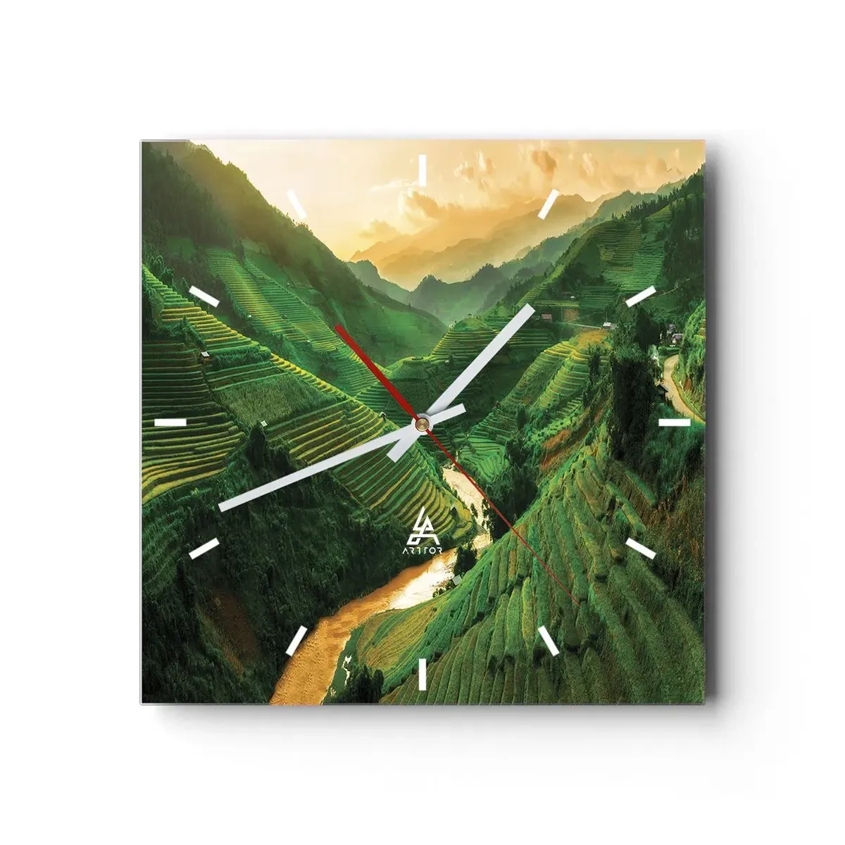 Horloge murale - Pendule murale - Rizières en terrasses pittoresques dans une vallée verdoyante illuminée par le soleil couchant - 30x30cm - Vallée vietnamienne - Décoration murale moderne pour le salon et la chambre ARTTOR