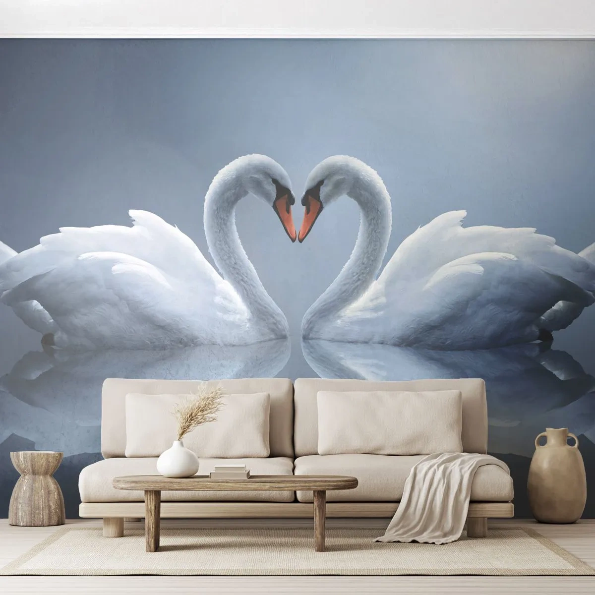 Papier Peint Photo Premium Sand - Le temps de l'amour - Cygnes, Amour, Cœur - 100x70 cm