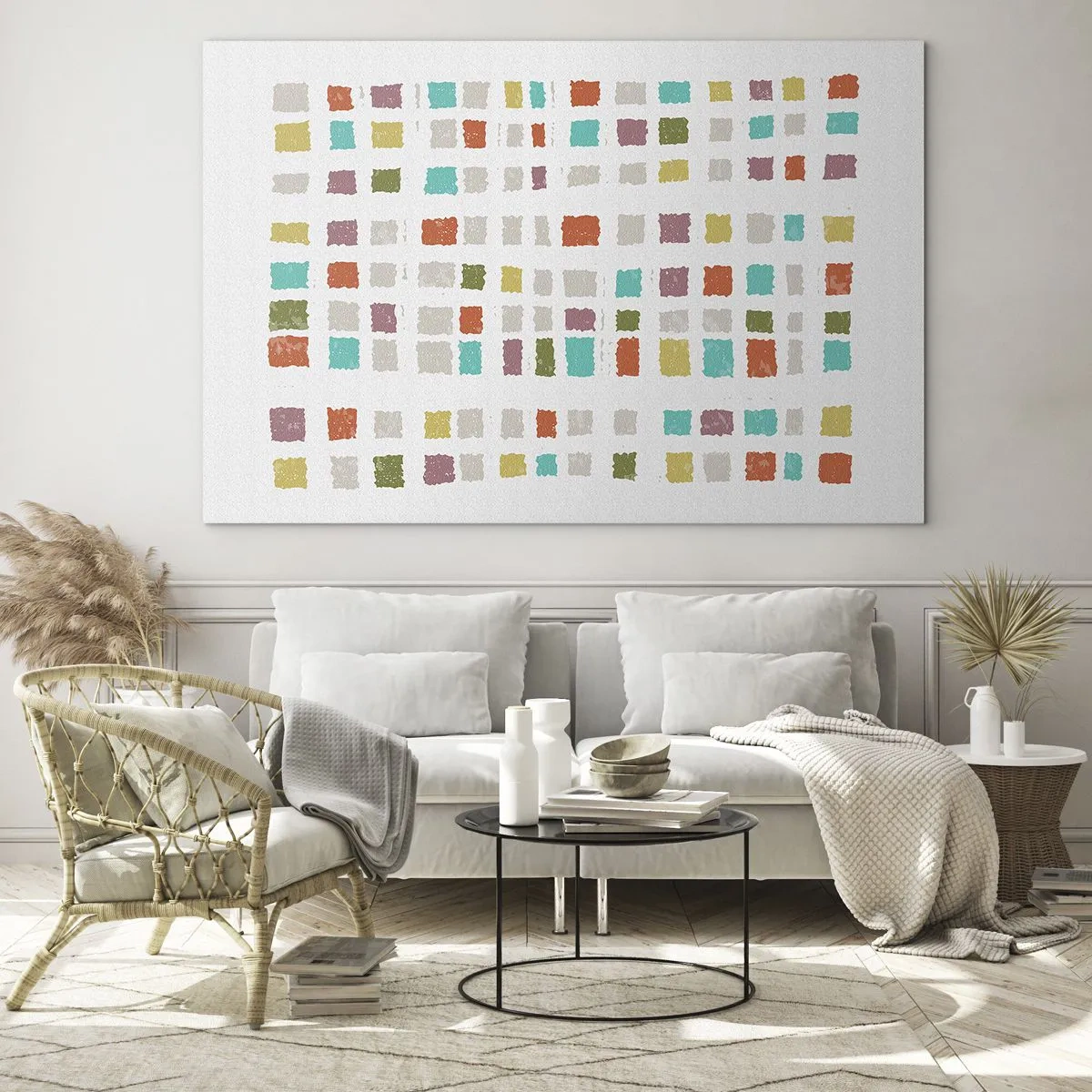 Impression sur verre - Image sur verre - Mosaïque colorée de carrés sur fond blanc dans un style abstrait - 120x80cm - Jeu inconnu - Décoration murale moderne pour le salon et la chambre ARTTOR