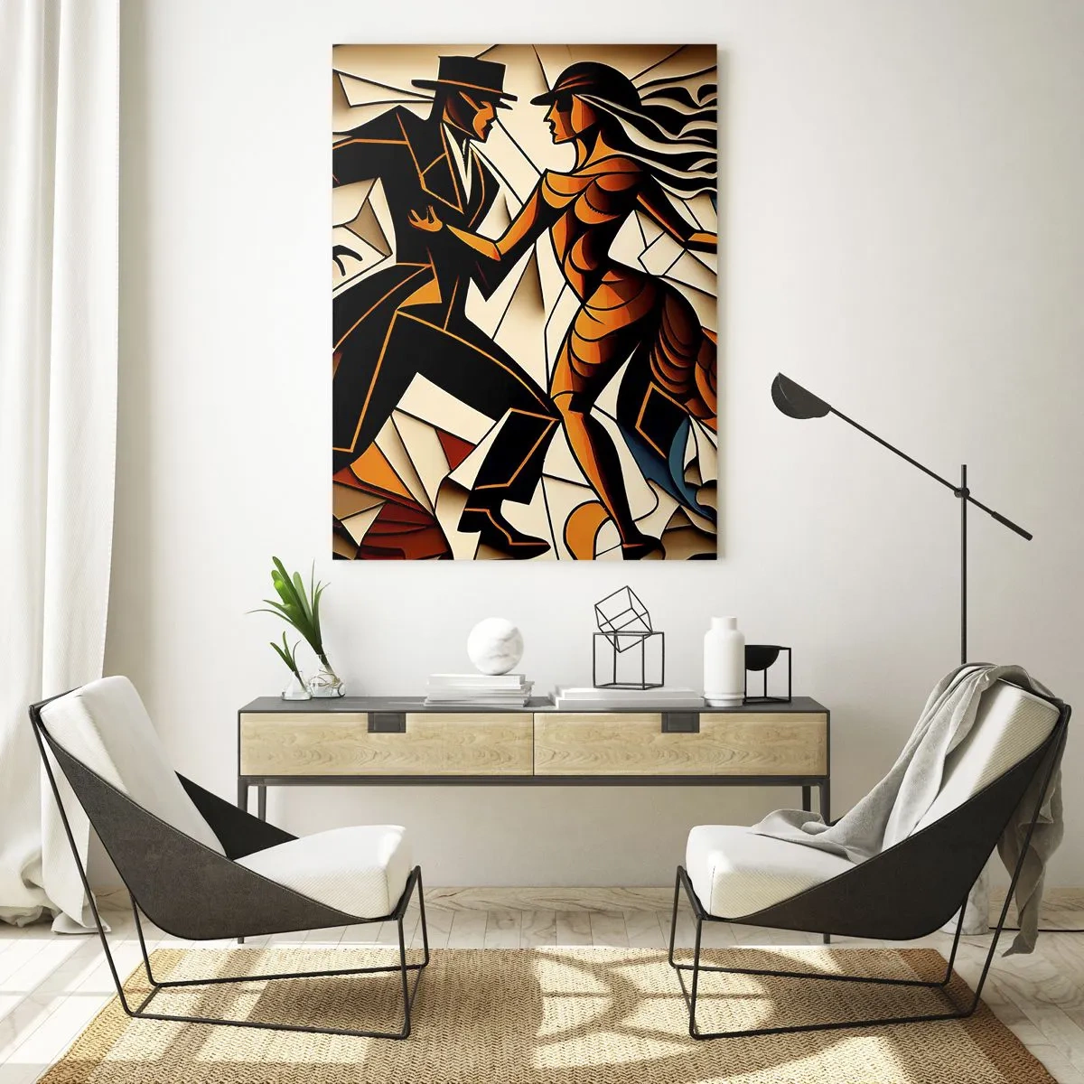 Impression sur verre - Image sur verre - Un couple stylisé dansant dans une forme abstraite dynamique. - 50x70cm - Danse de passion et de volupté - Décoration murale moderne pour le salon et la chambre ARTTOR