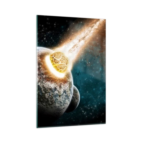 Impression sur verre - Image sur verre - Collision cosmique d'une planète avec un astéroïde à proximité de la galaxie. - 80x120cm - Destruction ou naissance? - Décoration murale moderne pour le salon et la chambre ARTTOR
