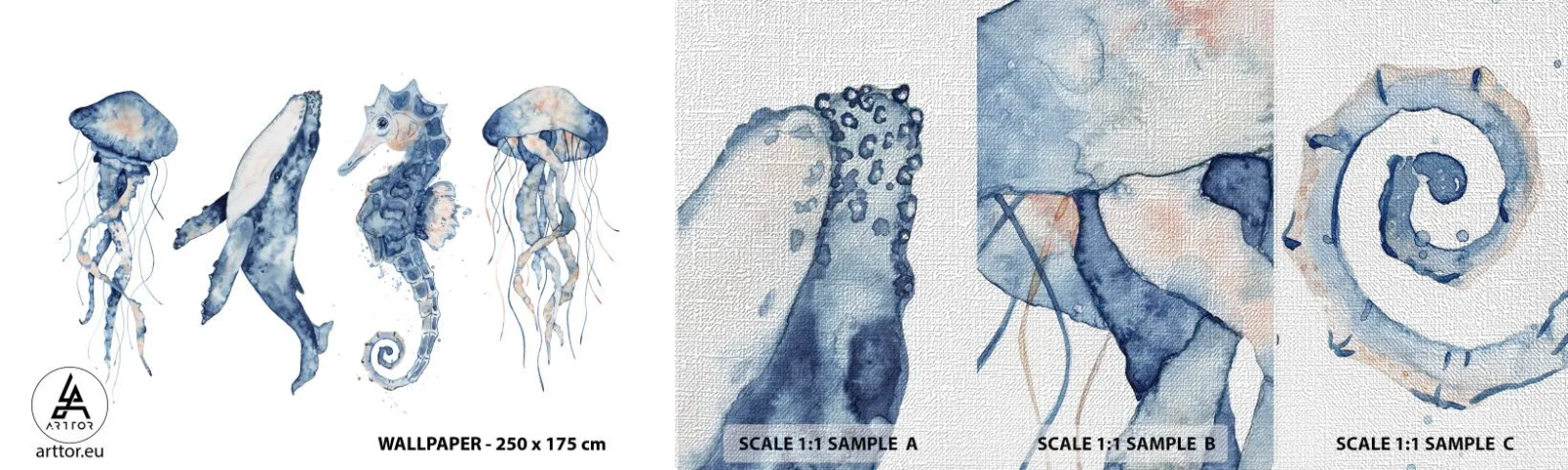 Échantillon de Papier Peint Premium Canvas - Merveilles de la mer - Animaux marins, hippocampe, Méduse - 100x30 cm