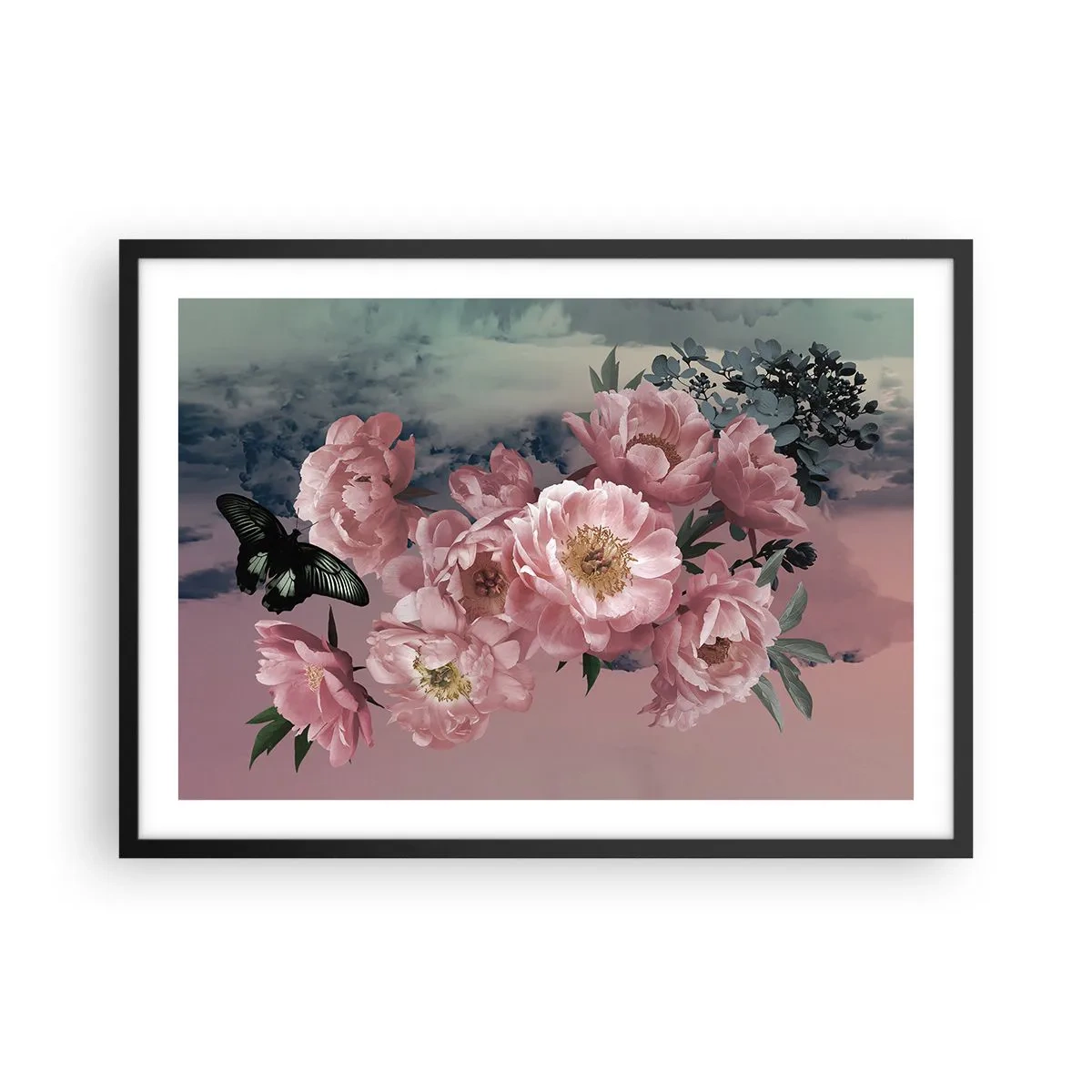 Affiche dans un cadre noir - Poster - Pivoines roses avec un papillon sur fond pastel - 70x50cm - Pic du romantisme - Décoration murale moderne pour le salon et la chambre ARTTOR