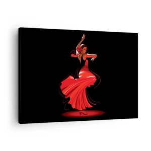 Impression sur toile - Image sur toile - Danseuse de flamenco en robe rouge sur fond noir - 70x50cm - L'esprit fougueux du flamenco - Décoration murale moderne pour le salon et la chambre ARTTOR