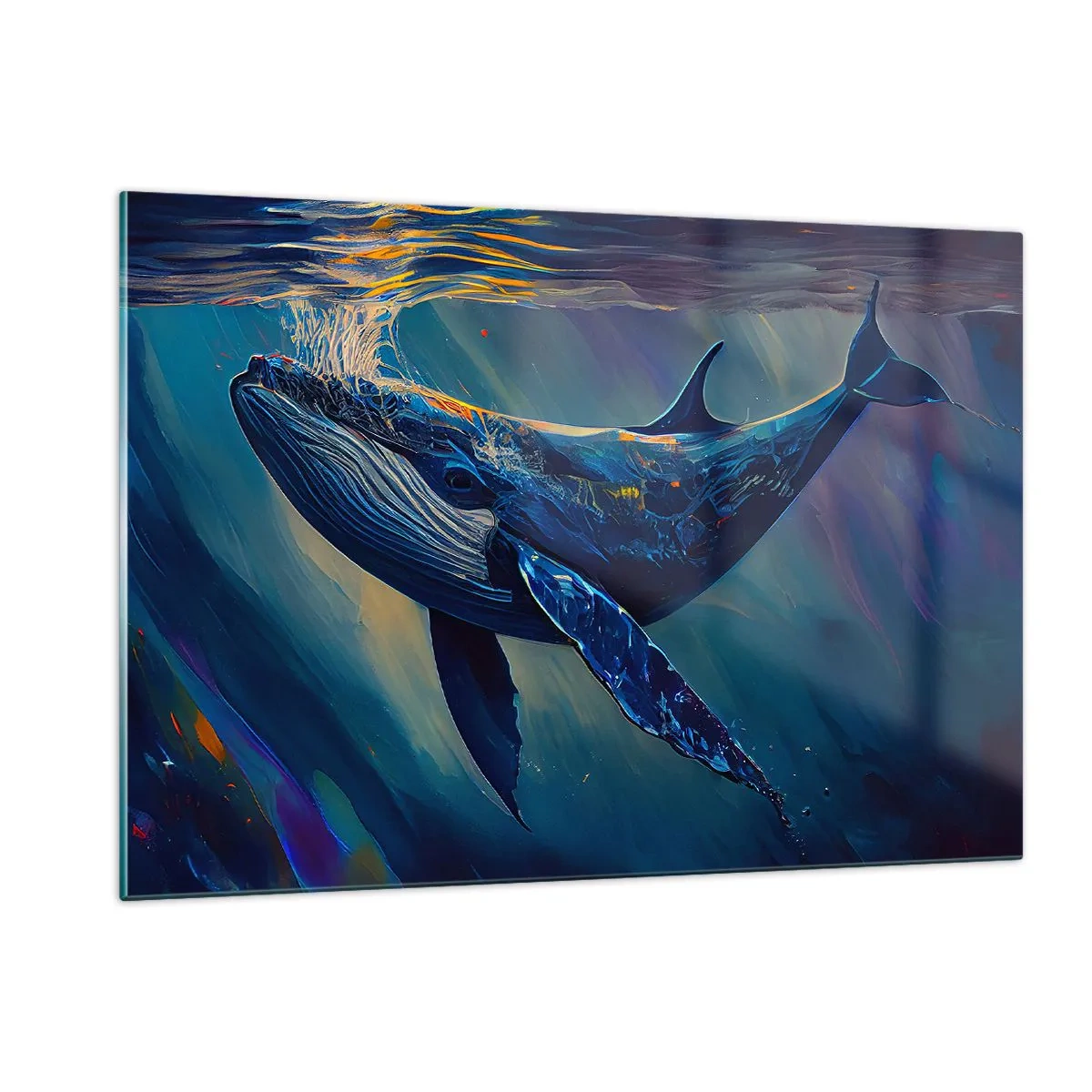 Impression sur verre - Image sur verre - Une baleine flottant sous l'eau au soleil - 120x80cm - Bienvenue dans mon monde - Décoration murale moderne pour le salon et la chambre ARTTOR