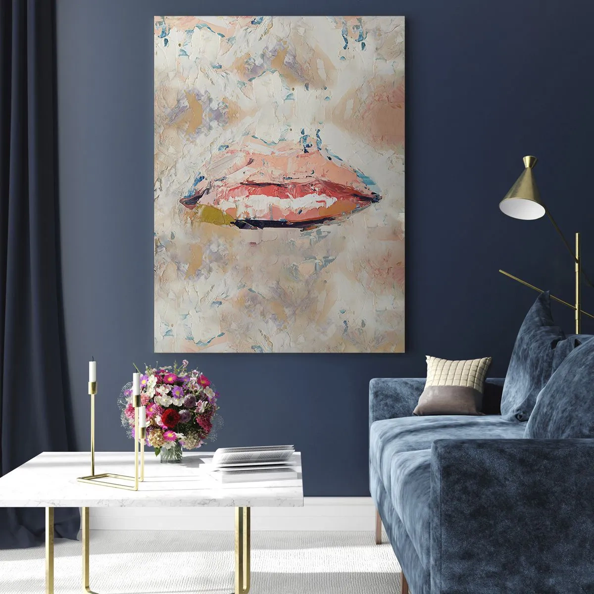 Impression sur verre - Image sur verre - Image abstraite de lèvres dans une technique de peinture expressive - 50x70cm - Éveil la pensée - Décoration murale moderne pour le salon et la chambre ARTTOR