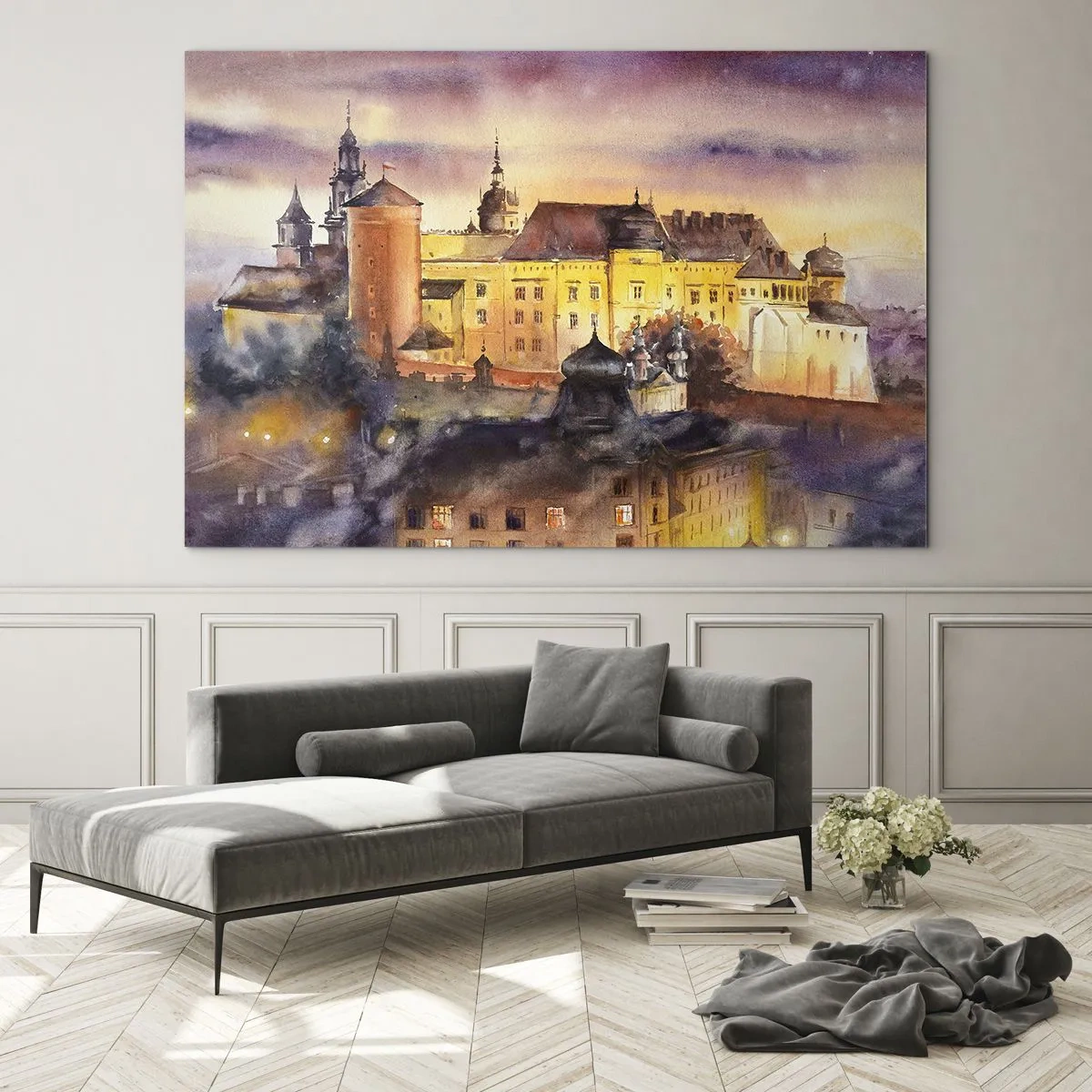 Impression sur verre - Image sur verre - Illustration à l'aquarelle d'un château sur une colline au coucher du soleil - 120x80cm - Histoire et conte de fées - Décoration murale moderne pour le salon et la chambre ARTTOR