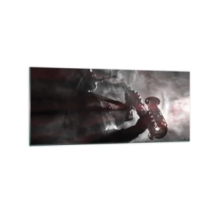 Impression sur verre - Image sur verre - Saxophoniste en fumée sur scène en noir et rouge atmosphérique - 120x50cm - Dans les brumes du jazz - Décoration murale moderne pour le salon et la chambre ARTTOR