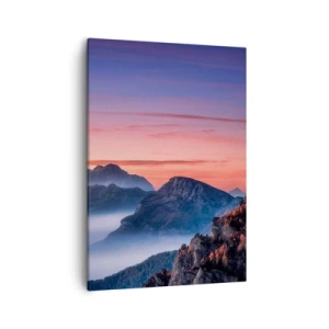 Impression sur toile - Image sur toile - Paysage de montagne au lever du soleil avec du brouillard dans les vallées - 50x70cm - Au-dessus des vallées - Décoration murale moderne pour le salon et la chambre ARTTOR