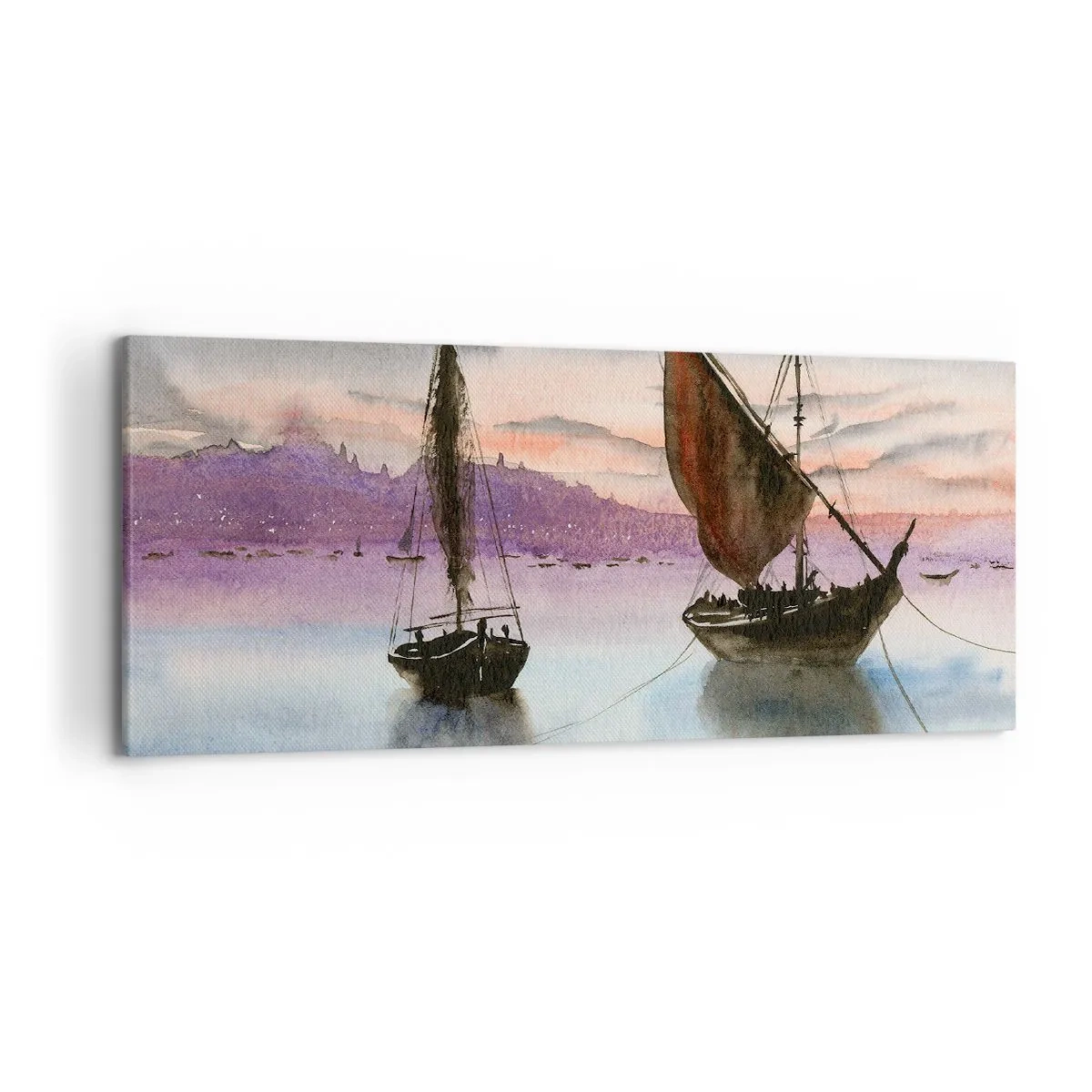 Impression sur toile - Image sur toile - Deux voiliers amarrés sur une eau calme au crépuscule - 120x50cm - Soirée au port - Décoration murale moderne pour le salon et la chambre ARTTOR