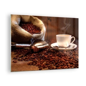 Impression sur verre - Image sur verre - Une tasse de café sur fond de haricots et d'un sac en jute - 70x50cm - Sentez-vous cette odeur? - Décoration murale moderne pour le salon et la chambre ARTTOR