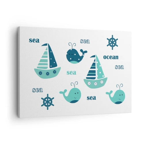 Impression sur toile - Image sur toile - Charmants motifs nautiques avec des baleines et des voiliers - 70x50cm - À travers les mers et les océans - Décoration murale moderne pour le salon et la chambre ARTTOR