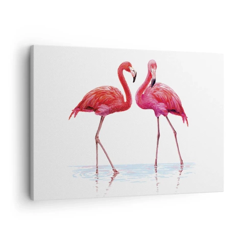 Impression sur toile - Image sur toile - Une paire de flamants roses dans l'eau sur un fond clair - 70x50cm - Rendez-vous rose - Décoration murale moderne pour le salon et la chambre ARTTOR
