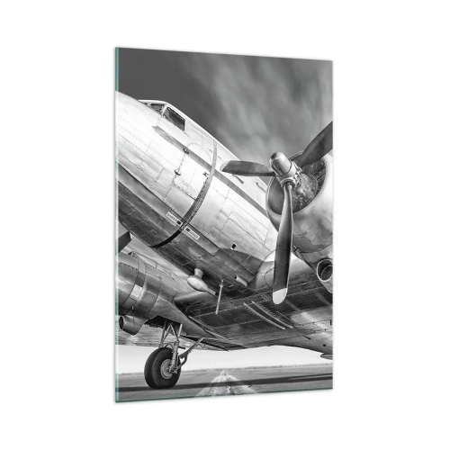 Impression sur verre - Image sur verre - Une image en noir et blanc d'un avion classique avec des détails structurels visibles. - 80x120cm - Toujours prêt à voler - Décoration murale moderne pour le salon et la chambre ARTTOR