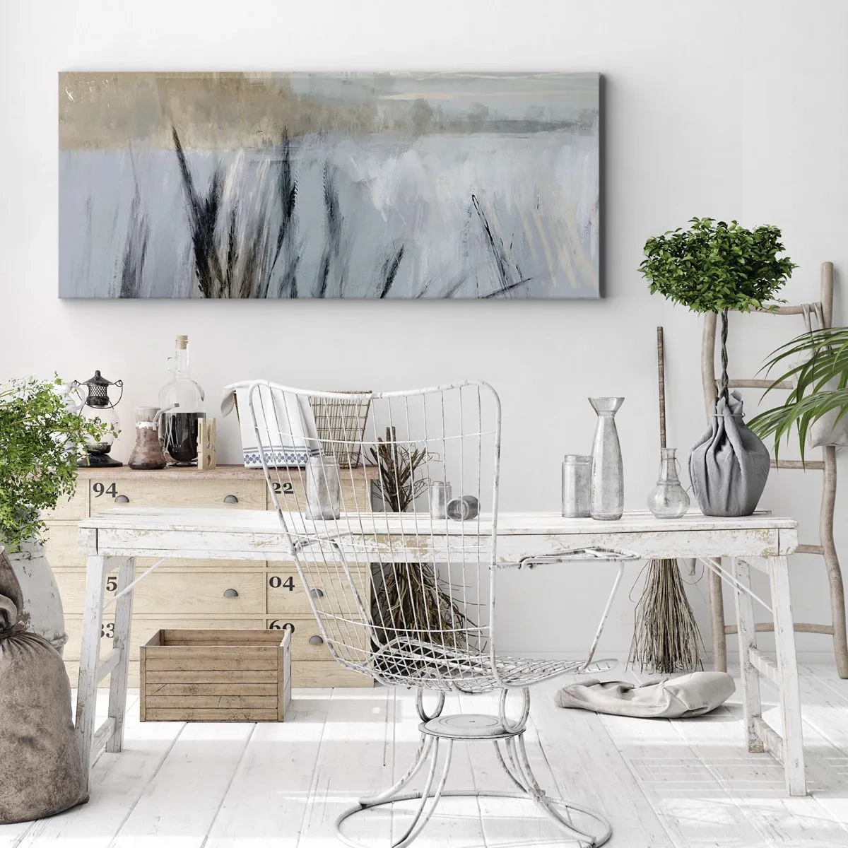 Impression sur toile - Image sur toile - Un paysage hivernal pittoresque avec des champs et des herbes - 140x50cm - Champs d'hiver - Décoration murale moderne pour le salon et la chambre ARTTOR