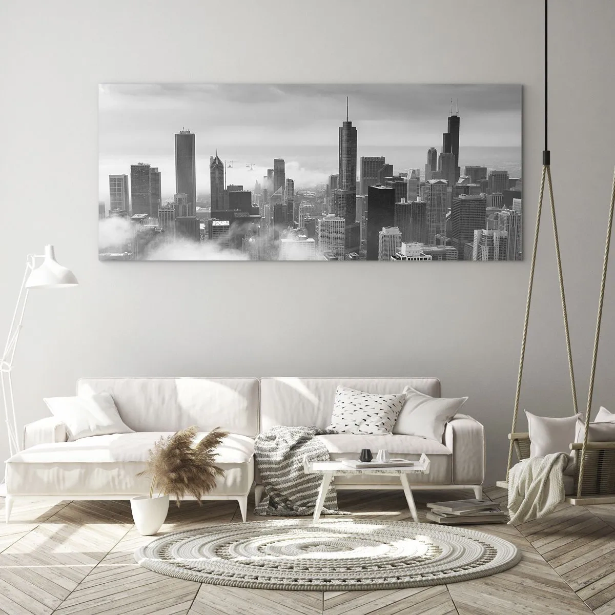 Impression sur verre - Image sur verre - Panorama de la ville avec des gratte-ciels dans les nuages en noir et blanc - 140x50cm - Paysage américain - Décoration murale moderne pour le salon et la chambre ARTTOR