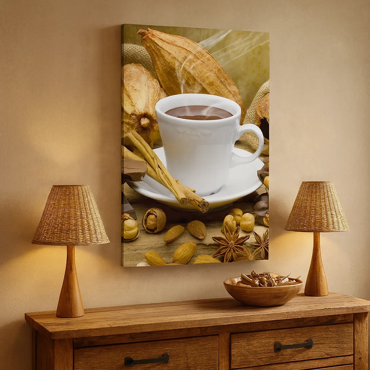 Impression sur toile - Image sur toile - Une tasse de chocolat chaud entourée de cacao et de cannelle - 50x70cm - Pour les amateurs de sensations fortes - Décoration murale moderne pour le salon et la chambre ARTTOR