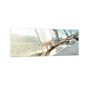 Impression sur verre - Image sur verre - Un yacht en pleine mer avec vue sur les montagnes - 140x50cm - Toutes voiles dehors - Décoration murale moderne pour le salon et la chambre ARTTOR