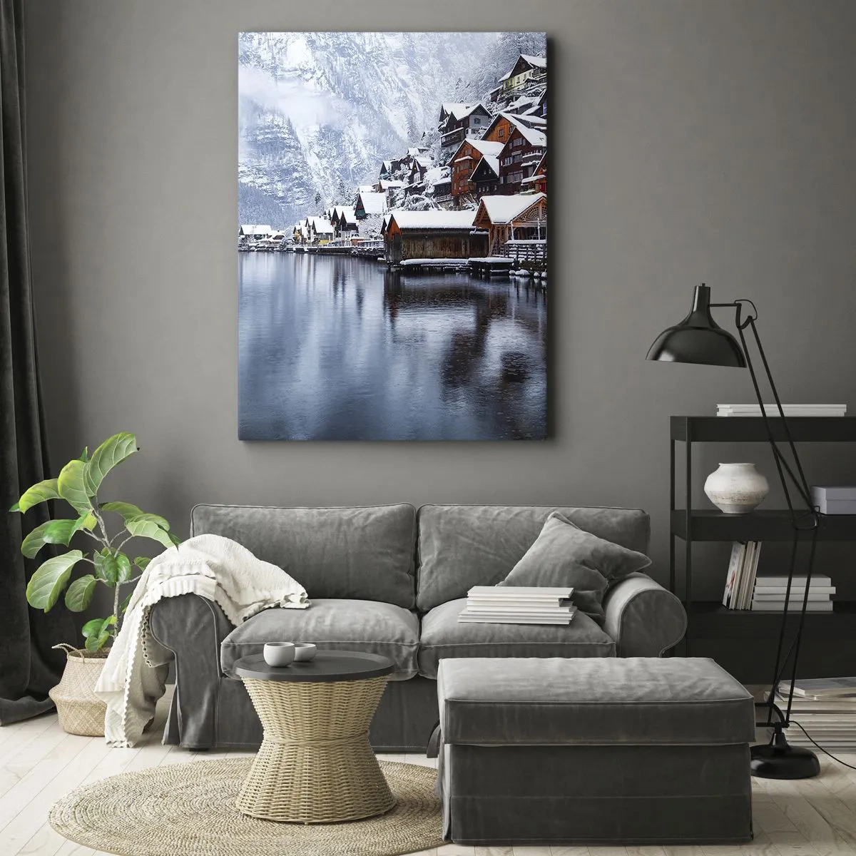 Impression sur toile - Image sur toile - Vue hivernale d'un village de montagne au bord du lac - 80x120cm - En décoration hivernale - Décoration murale moderne pour le salon et la chambre ARTTOR