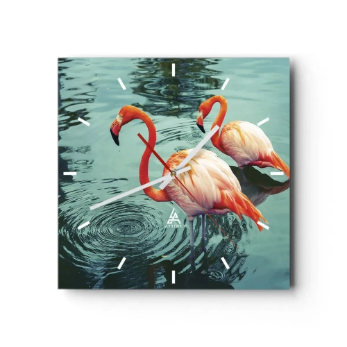 Horloge murale - Pendule murale - Deux flamants roses dans l'eau calme reflétant leur environnement - 30x30cm - Nous sommes à la mode maintenant - Décoration murale moderne pour le salon et la chambre ARTTOR