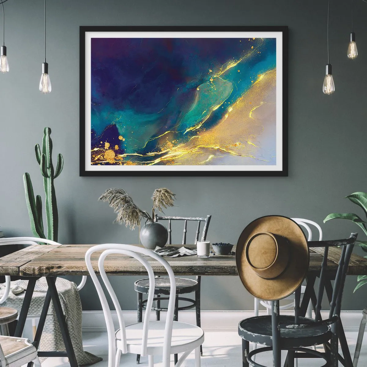 Affiche dans un cadre noir - Poster - Composition abstraite dans les tons bleu et or sur toile - 70x50cm - Coulée d'or - Décoration murale moderne pour le salon et la chambre ARTTOR
