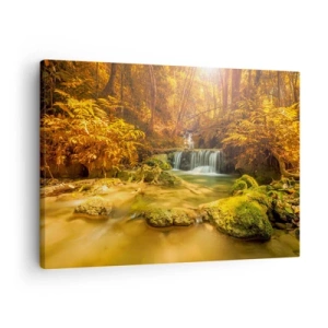 Impression sur toile - Image sur toile - Une cascade dorée dans une forêt d'automne entourée de verdure - 70x50cm - Cascade de forêt en or - Décoration murale moderne pour le salon et la chambre ARTTOR