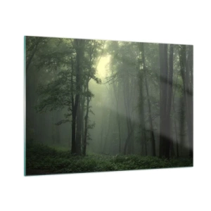Impression sur verre - Image sur verre - Une forêt sombre enveloppée de brouillard avec des rayons de lumière - 100x70cm - Avant qu'il ne se réveille - Décoration murale moderne pour le salon et la chambre ARTTOR