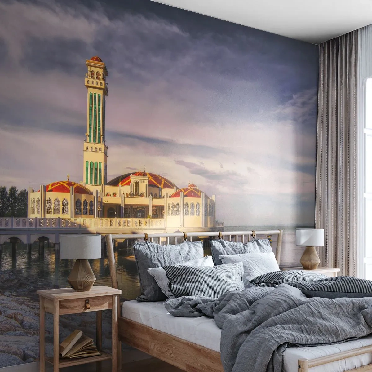 Papier Peint Photo Premium Sand - Un temple pittoresque sur l'eau au coucher du soleil - 100x70cm - Temple de la nature - Décoration murale moderne pour le salon et la chambre ARTTOR
