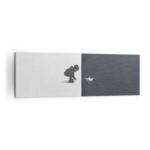 Impression sur toile - Image sur toile - Une figure d'enfant avec un bateau en papier sur un fond de moitiés contrastées - 160x50cm - Grande expédition - Décoration murale moderne pour le salon et la chambre ARTTOR