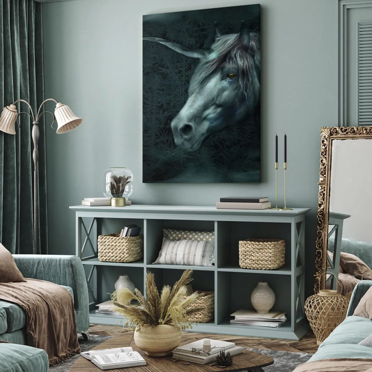 Impression sur toile - Image sur toile - Une licorne magique dans une forêt mystérieuse et sombre aux couleurs fantastiques. - 70x100cm - Dans une forêt de conte de fées - Décoration murale moderne pour le salon et la chambre ARTTOR