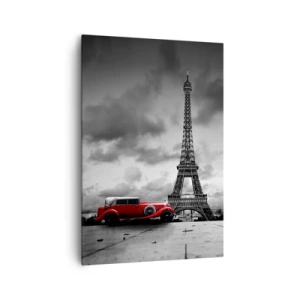 Impression sur toile - Image sur toile - Voiture rétro rouge devant la Tour Eiffel en noir et blanc - 70x100cm - Il n'y a pas si longtemps à Paris - Décoration murale moderne pour le salon et la chambre ARTTOR